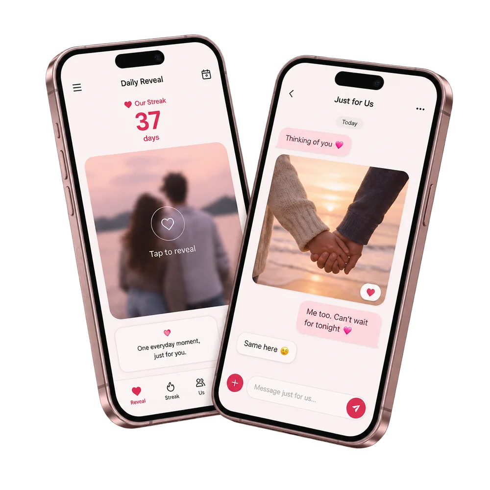 New PairStreak hero artwork with two complete rose-gold phones showing Daily Reveal and private partner chat