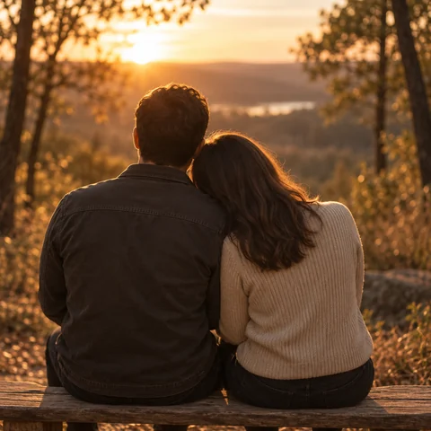 Two partners sitting close together on a bench, seen from behind in warm sunset light